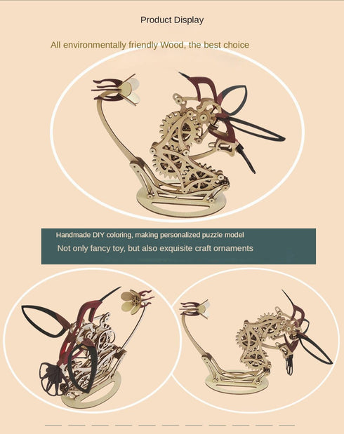 Sculpture cinétique en bois mécanique magique à faire soi-même, colibri 3D