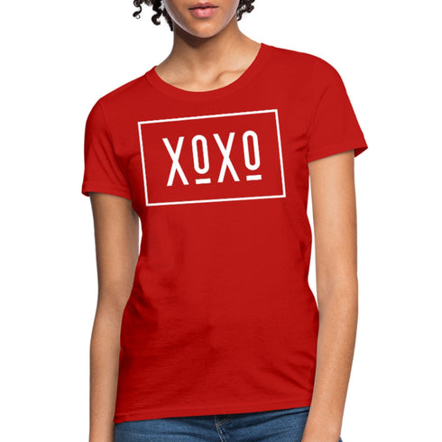T-shirt graphique XOXO pour femme, style classique blanc à bordure, avec texte imprimé