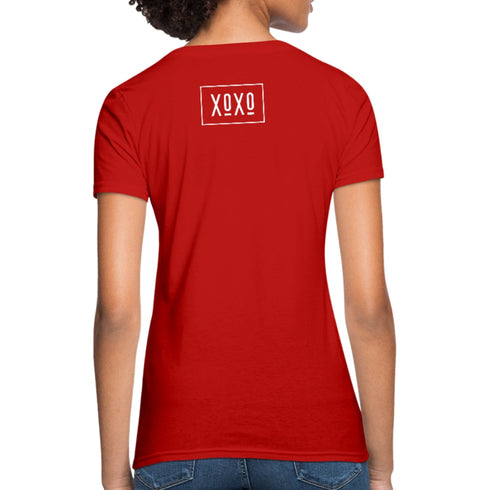 T-shirt graphique XOXO pour femme, style classique blanc à bordure, avec texte imprimé