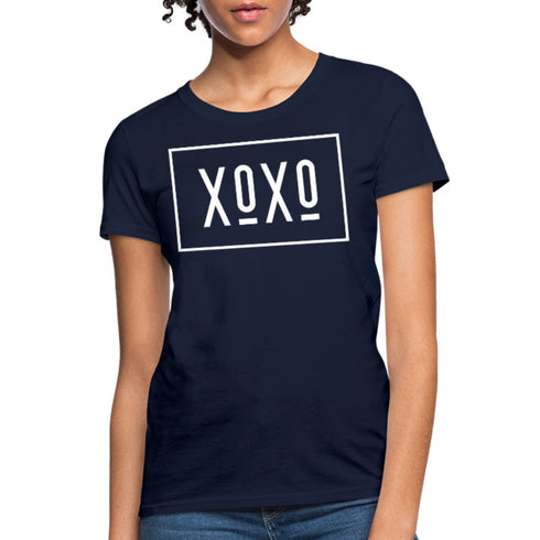 T-shirt graphique XOXO pour femme, style classique blanc à bordure, avec texte imprimé